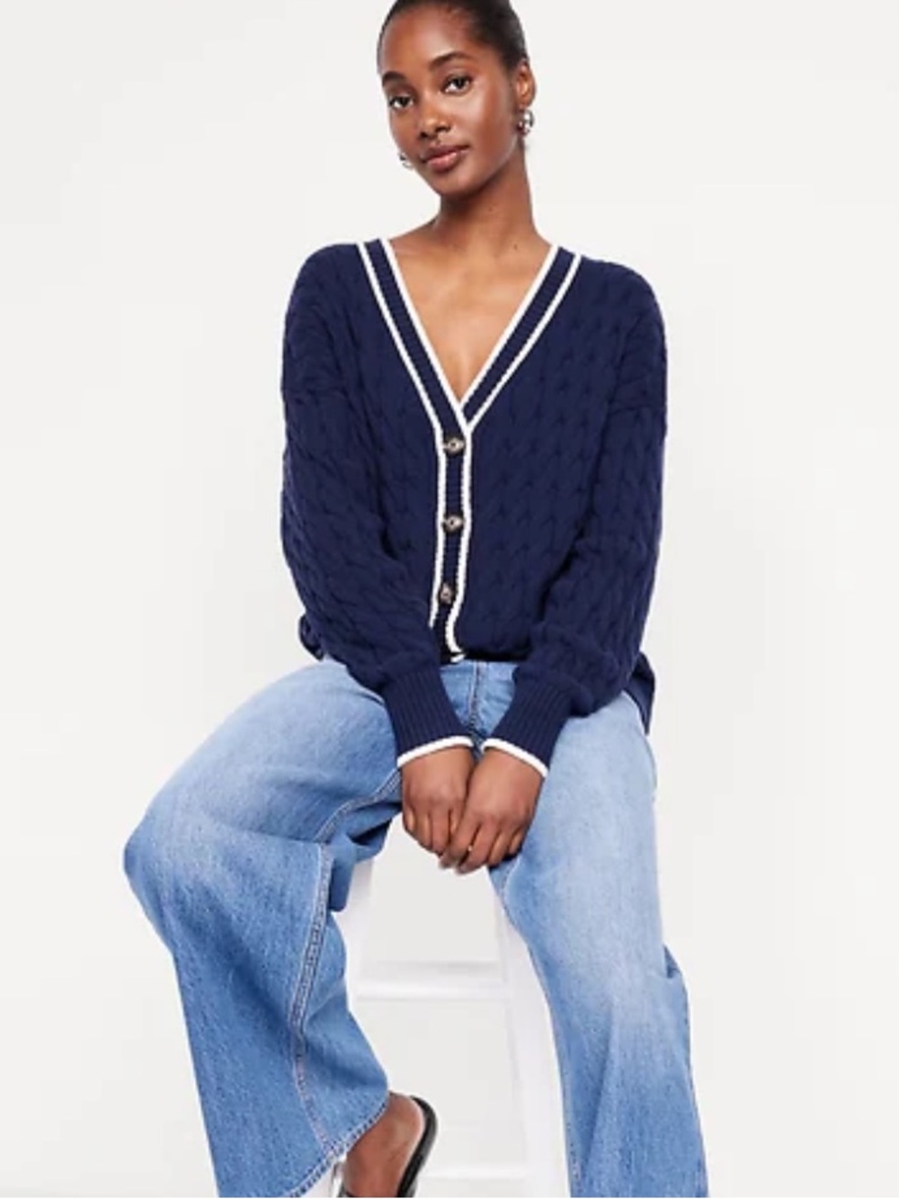 Old Navy Sweater - navy w/white trim cable knit button front cardigan